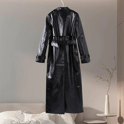 Women's Long Leather Jacket with Belt Loose Lapel Coat