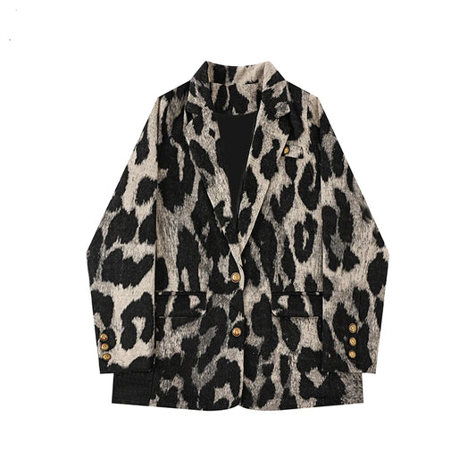 Women's Leopard Print Blazer Loose Casual Vintage Suit Jacket