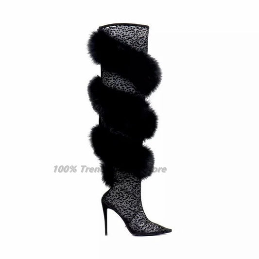 European American Transparent Lace Hairy Pointed Toe Over Knee Slim Heel Runway Boots