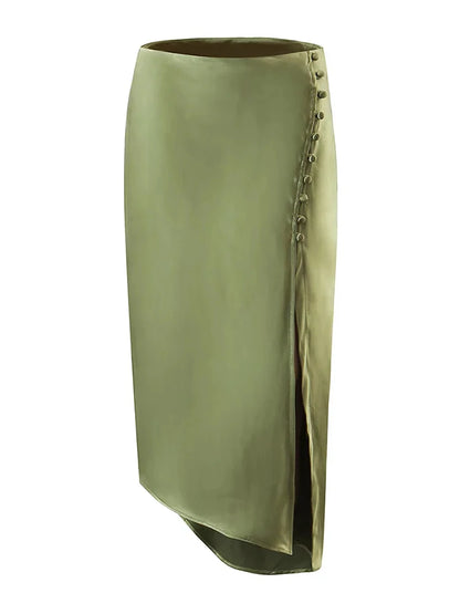 Elegant Button Up Midi Slit Satin Skirt - Nxt Moda