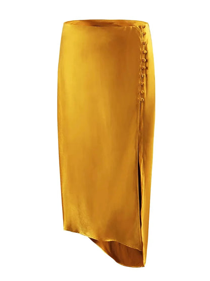 Elegant Button Up Midi Slit Satin Skirt - Nxt Moda