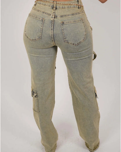 Women's High Waisted Retro Cargo Denim Pants