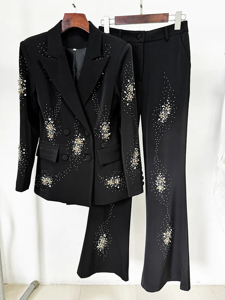 Luxury Embroidered Blazer and Bell Bottom Pants 2-Piece Set