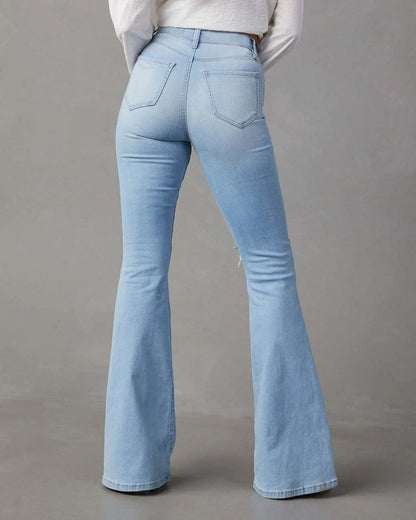 Women's High Waist Flare Jeans with Holes Y2K Denim Trousers