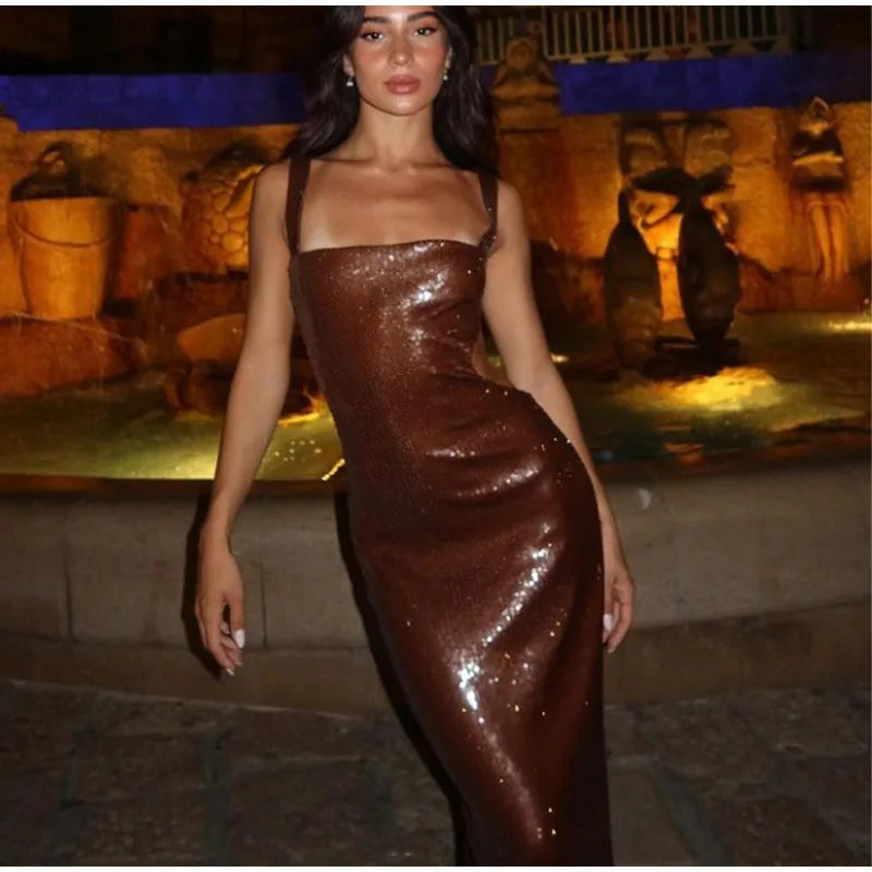 Chocolate Elegant Sequin Spaghetti Strap Maxi Dress