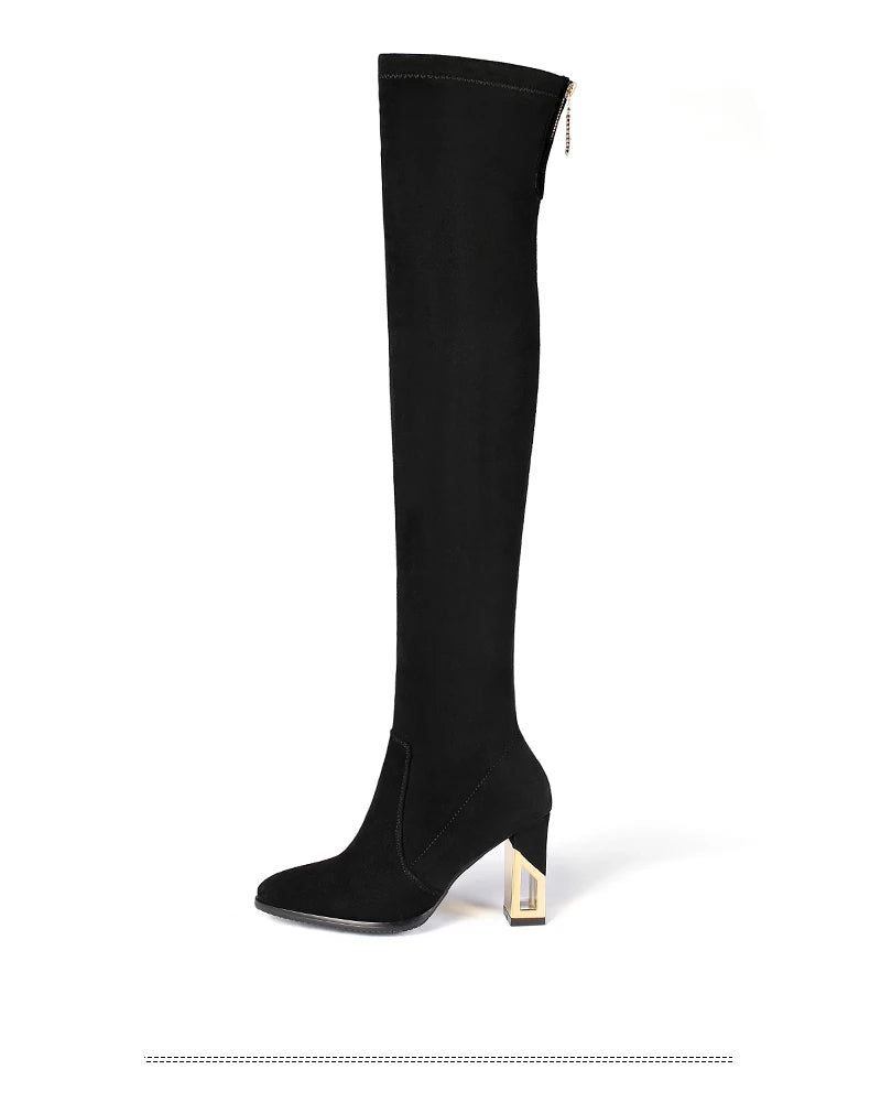 Women Zipper Pointed Toe Chunky Heel Over Knee Boots Winter Suede Socks Boots