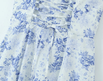 Sexy Ruched Blue White Flower Print Corset Midi Dress