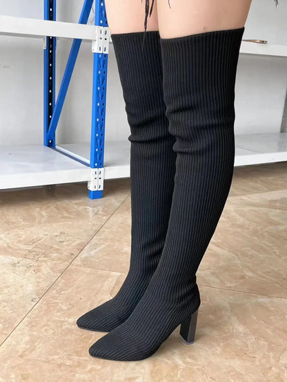 New Autumn Winter Pointed High-Heeled Knitted Over-the-Knee Boots Elastic Wool Socks Boots