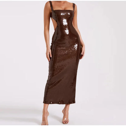 Chocolate Elegant Sequin Spaghetti Strap Maxi Dress