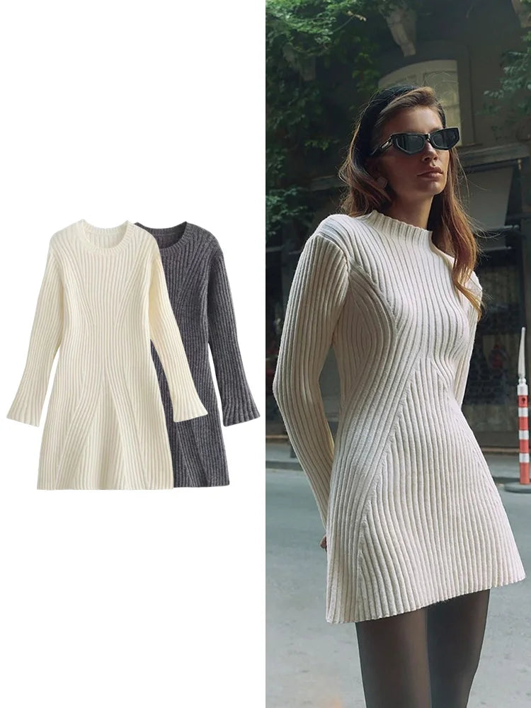 Ribbed Knit Long Sleeve Sweater Dress Slim Fit Winter Wear