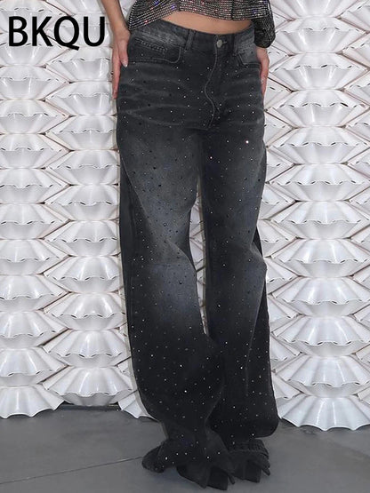 Women's Low Waist Wide Leg Rhinestone Jeans Baggy Oversized Denim Pants