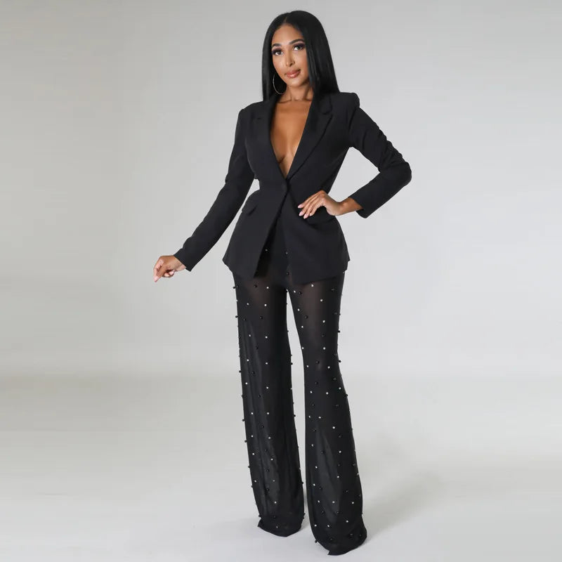 Street Chic Blazer and Mesh Beading Pants 2-Piece Winter Set