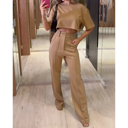 Casual O-Neck Crop Top and High Waist Wide Leg Pants 2-Piece Set