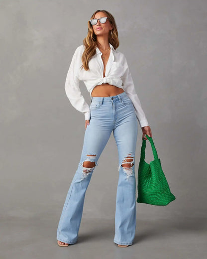 Women's High Waist Flare Jeans with Holes Y2K Denim Trousers