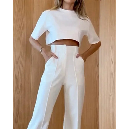 Casual O-Neck Crop Top and High Waist Wide Leg Pants 2-Piece Set