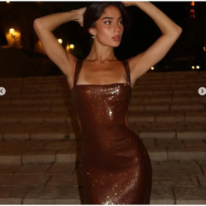 Chocolate Elegant Sequin Spaghetti Strap Maxi Dress