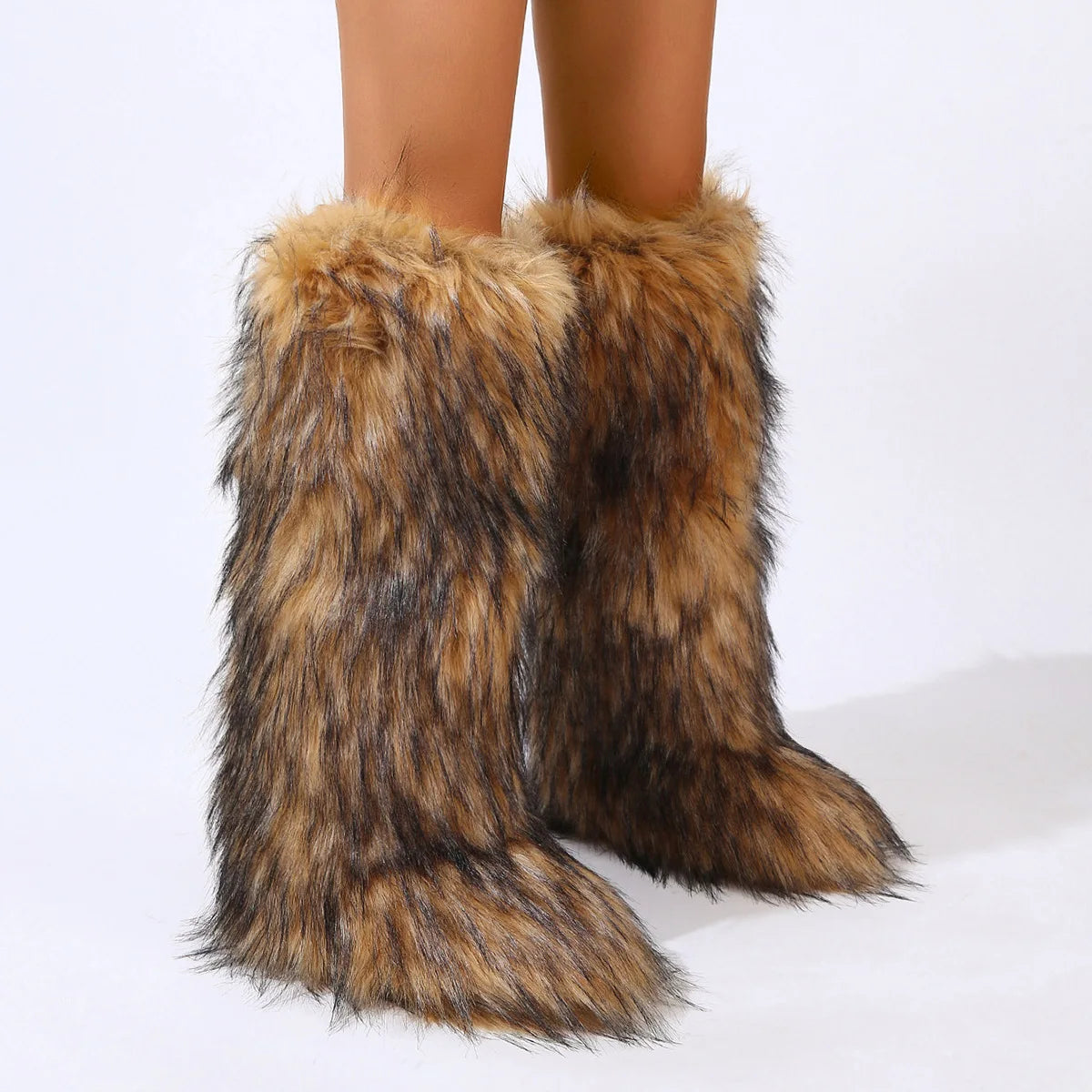 Women Winter Thigh High Fluffy Boots Faux Fox Fur Plush Knee High Fur Boots