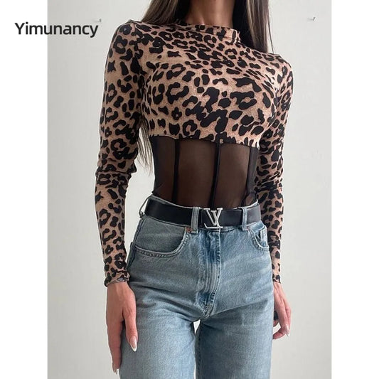 Women's Leopard Print Mesh Bodysuit Long Sleeve Stand Collar