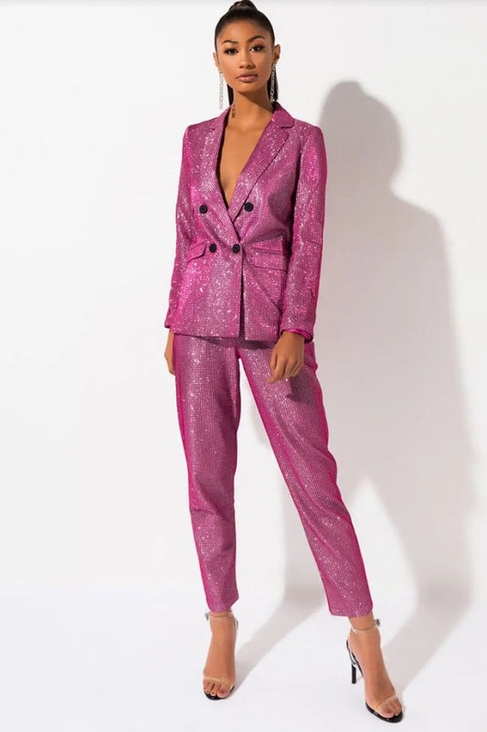 Luxury Glitter Blazer and Pant Suit Sparkly Pink Party Outfit