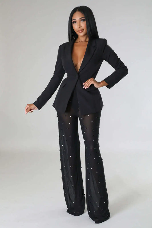 Street Chic Blazer and Mesh Beading Pants 2-Piece Winter Set