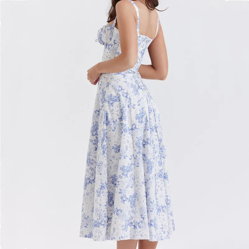 Sexy Ruched Blue White Flower Print Corset Midi Dress