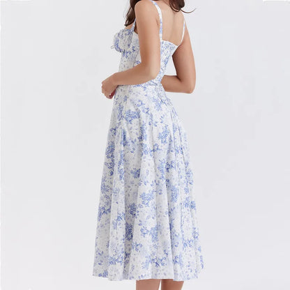 Sexy Ruched Blue White Flower Print Corset Midi Dress