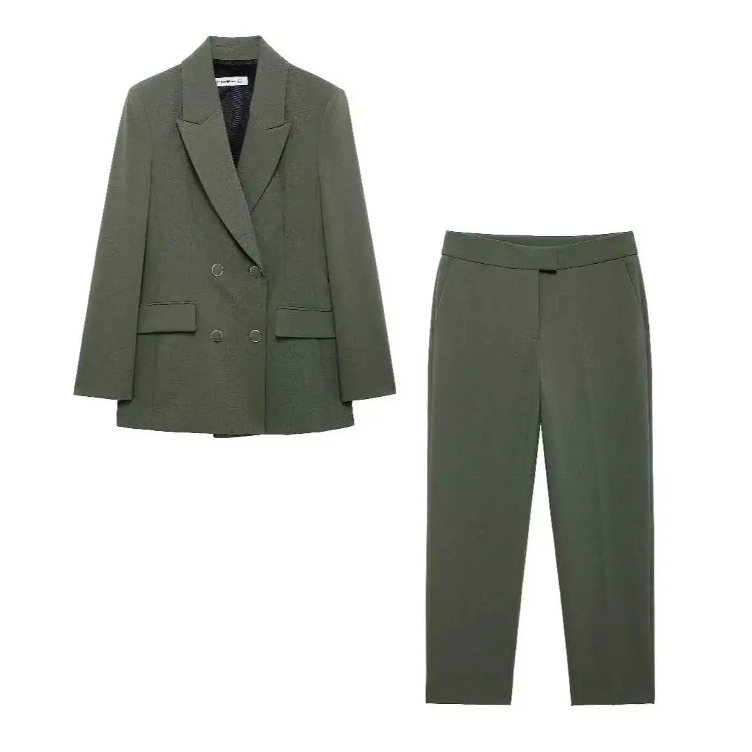 Olive 2-Piece Double-Breasted Blazer and Straight Pants Set