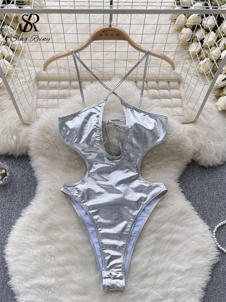 SINGREINY Metallic Beach One Piece Swimsuit - Nxt Moda