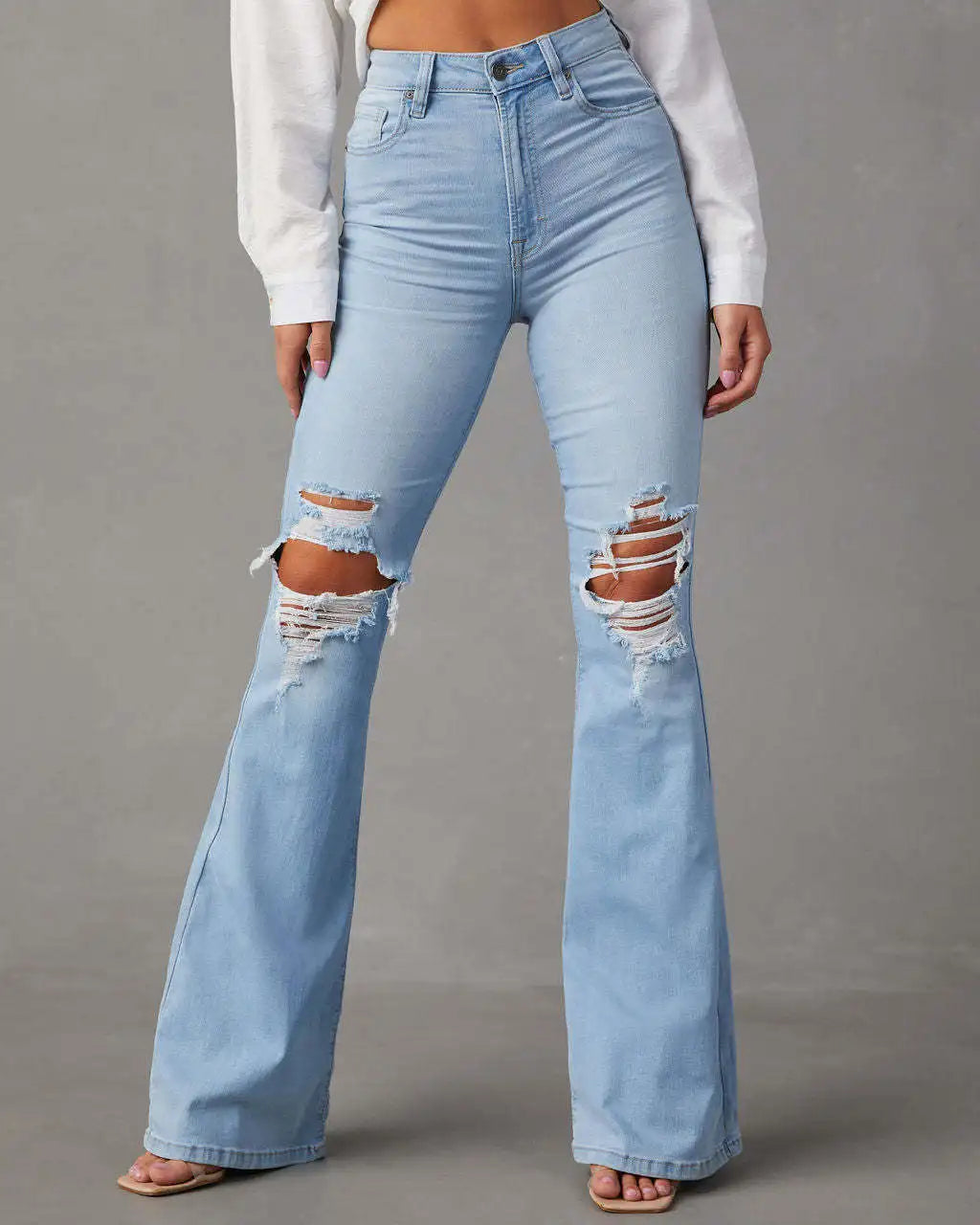 Women's High Waist Flare Jeans with Holes Y2K Denim Trousers