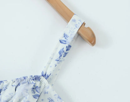 Sexy Ruched Blue White Flower Print Corset Midi Dress
