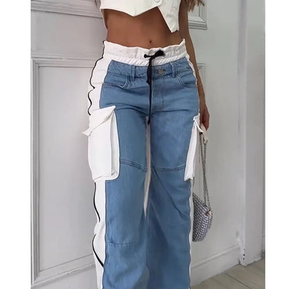 High Waisted Patchwork Cargo Jeans Lace-Up Trousers