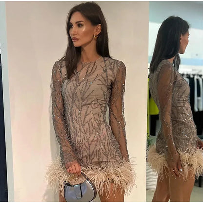 Feather Sequins Partywear Mini Dress Mesh Sheer Long Sleeve