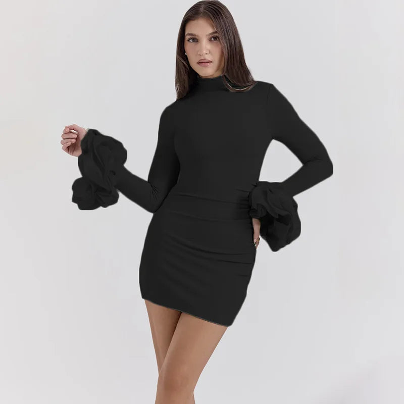 Bodycon Flare Sleeve Mini Dress Flower Splice Turtleneck Ruched High Waist