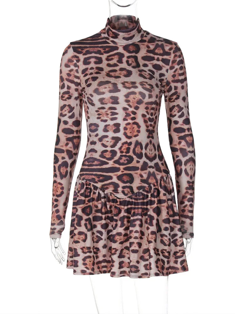 Leopard Print Party Dress High Collar Long Sleeve Bodycon Style