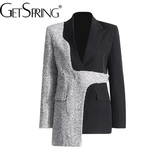 Women's Color Matching Black Blazer Irregular Suit Jacket