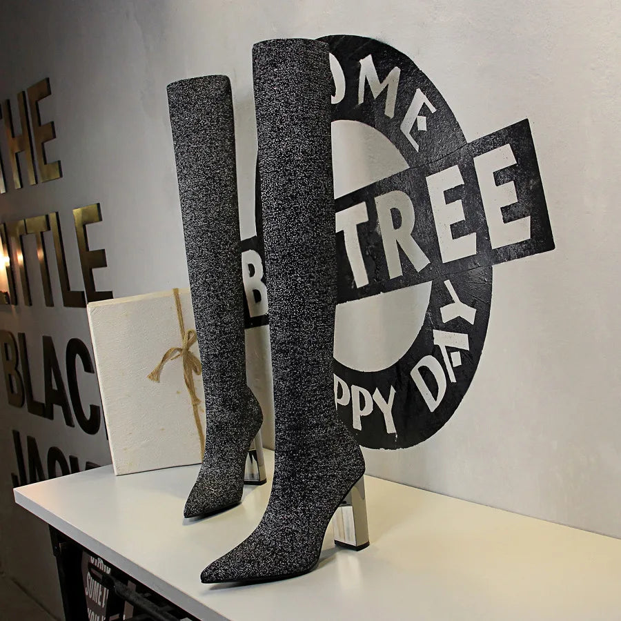 Stretch Fabric Winter High Boots Pointed Toe 10cm Heels Over-the-Knee Silver Boots