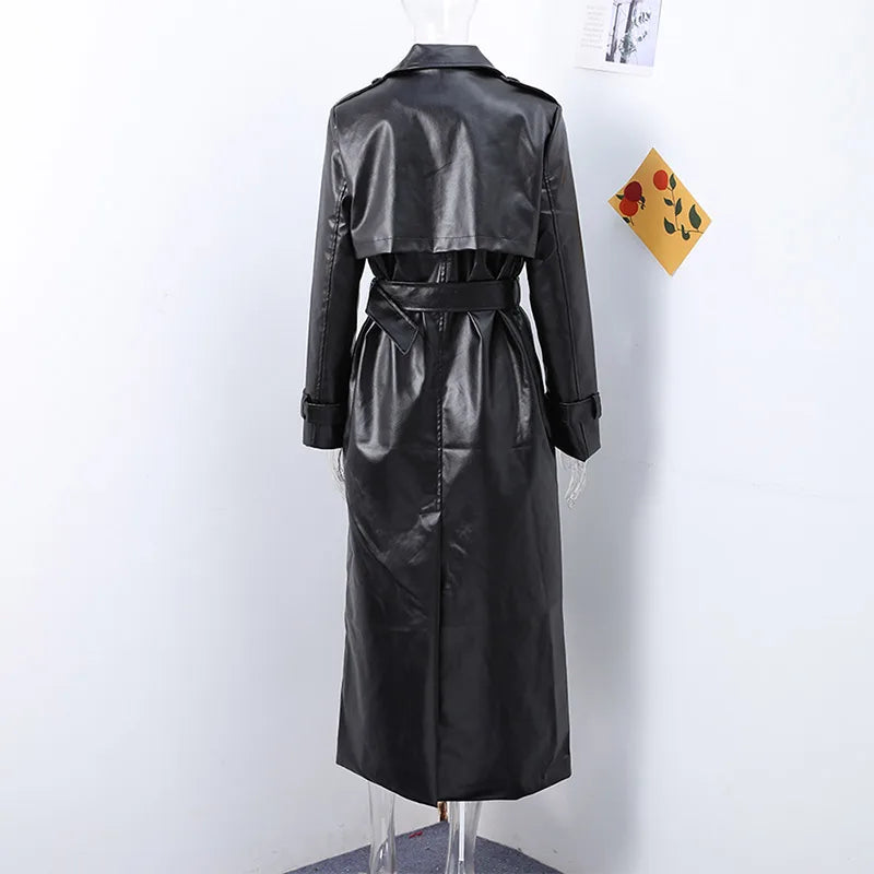 Women's Long Leather Jacket with Belt Loose Lapel Coat