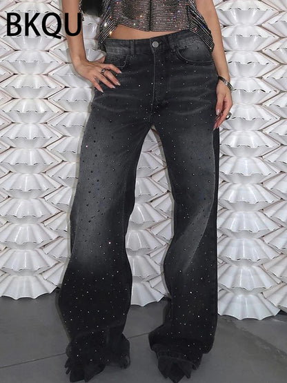 Women's Low Waist Wide Leg Rhinestone Jeans Baggy Oversized Denim Pants