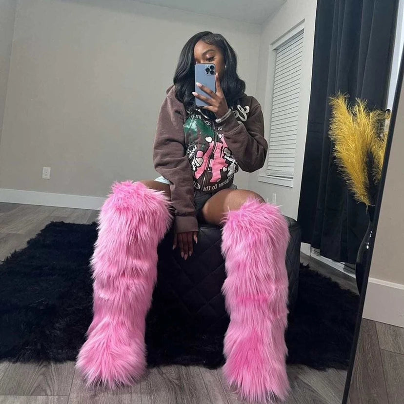 Women Winter Thigh High Fluffy Boots Faux Fox Fur Plush Knee High Fur Boots