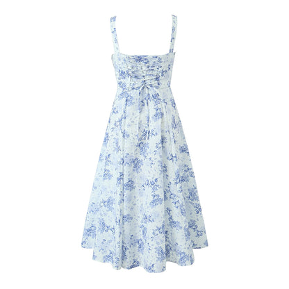 Sexy Ruched Blue White Flower Print Corset Midi Dress