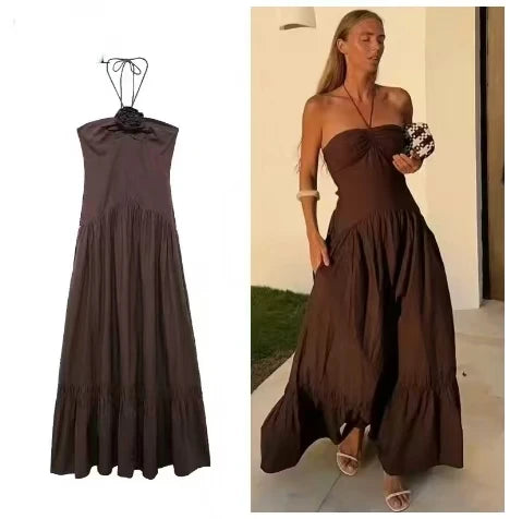 Brown Flower Slip Midi Sexy Backless Halter Dress