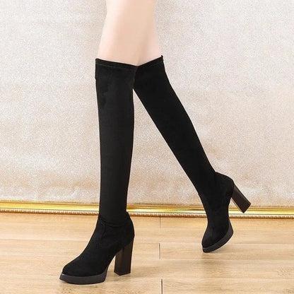 High Heel Pointed Toe Sock Boots Over Knee Winter Shoes Solid Zipper Women's Boots