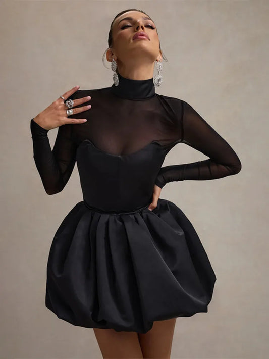 Turtleneck Sheer Long Sleeve Mini Dress Black See-Through High Waist A-line