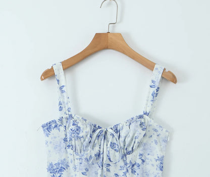 Sexy Ruched Blue White Flower Print Corset Midi Dress