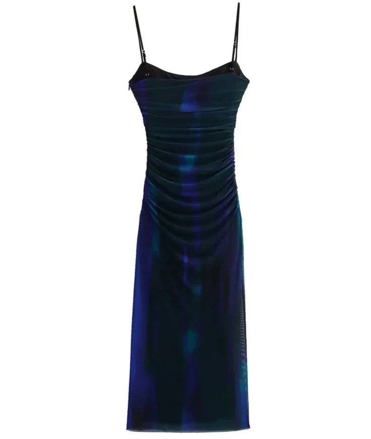 Azul Print Ruched Long Dress - Nxt Moda