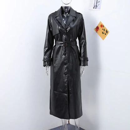 Women's Long Leather Jacket with Belt Loose Lapel Coat