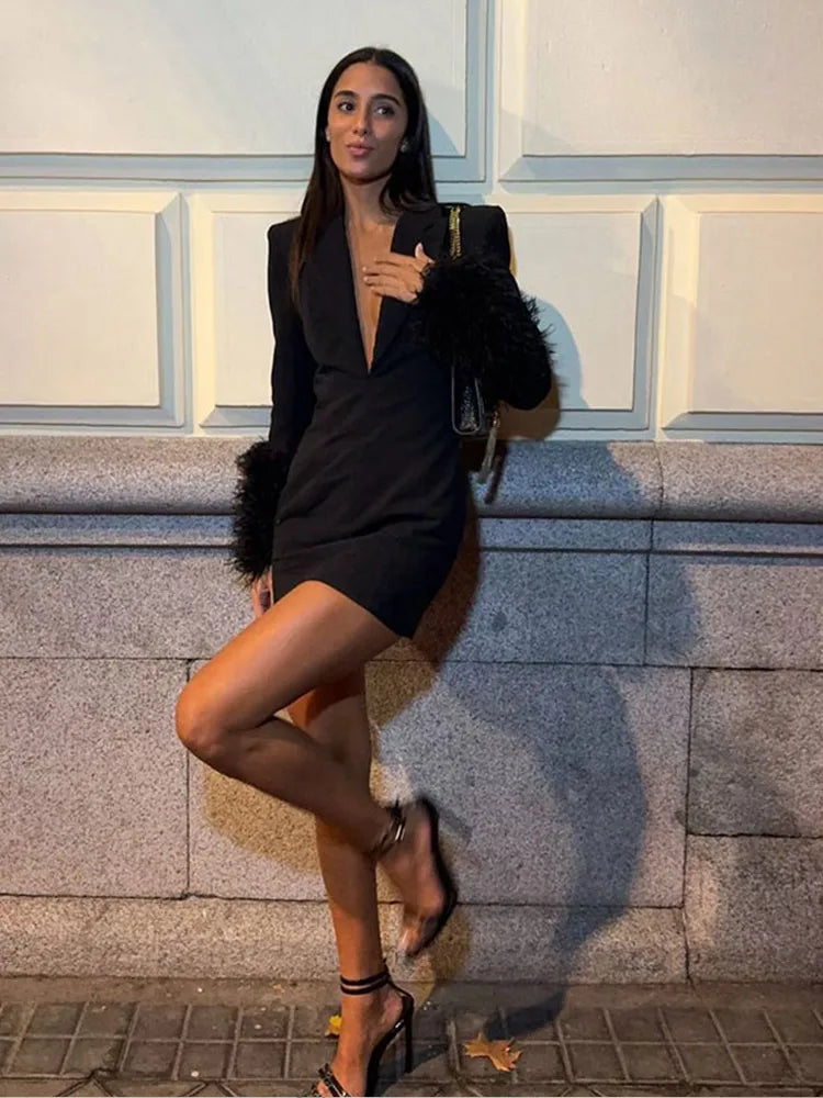 Sexy Black Deep V-neck Fringed Dress