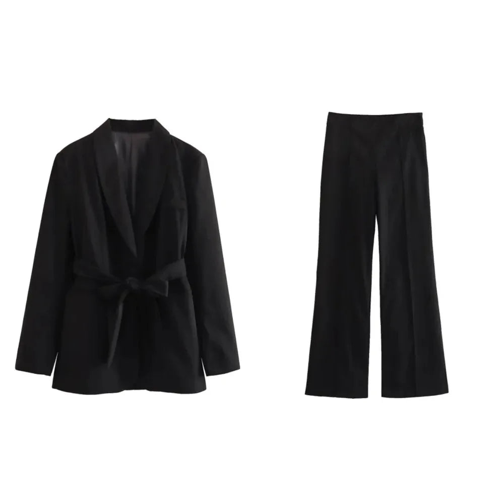 Loose Blazer and High Waist Belt Pants 2-Piece Elegant Set