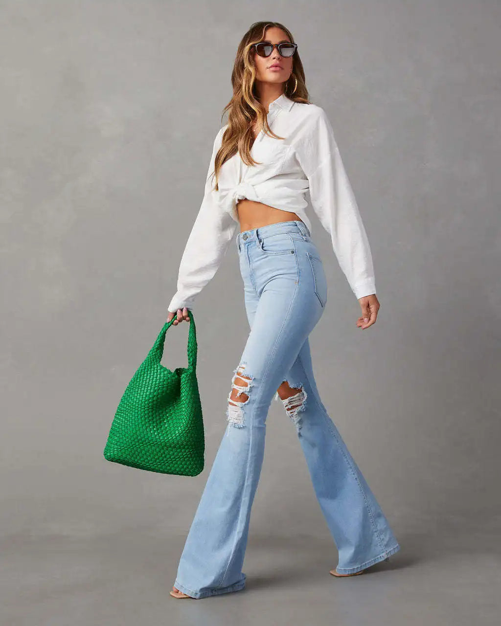 Women's High Waist Flare Jeans with Holes Y2K Denim Trousers