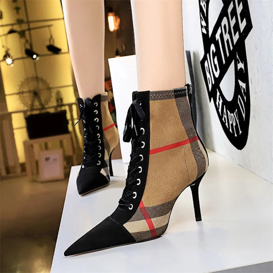 Winter Ankle Boots Slim High Heel Pointed Toe Plaid Lace-up Cross Strapping Boots